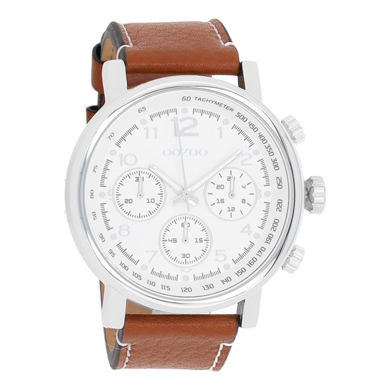 OOZOO Timepieces - Zilverkleurige horloge met bruine leren band - C9455