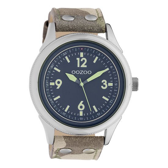 OOZOO Timepieces - Zilverkleurige horloge met camouflage leren band - C10353