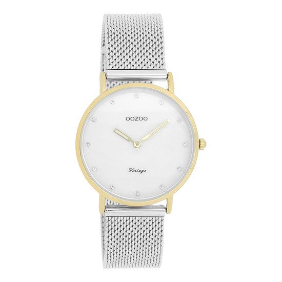 OOZOO Timepieces - Goudkleurige horloge met zilverkleurige metalen mesh armband - C20120