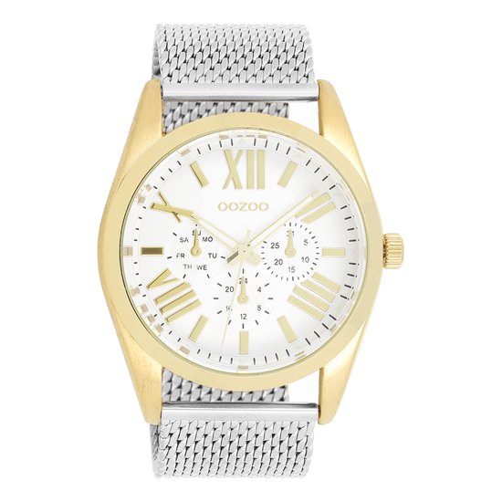 OOZOO Timepieces - Goudkleurige horloge met zilverkleurige metalen mesh armband - C9641