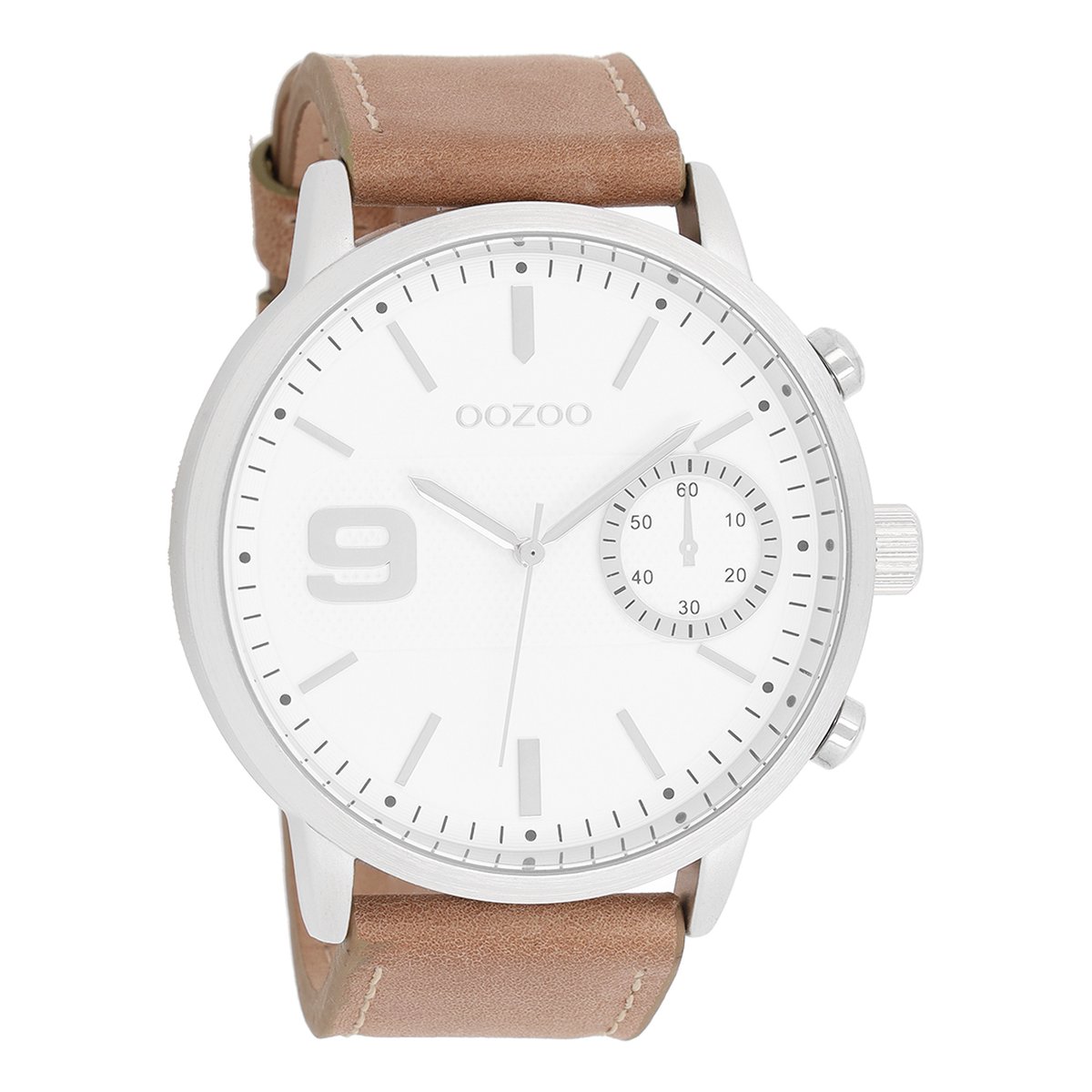 OOZOO Timepieces - Zilverkleurige horloge met bruine leren band - C8580