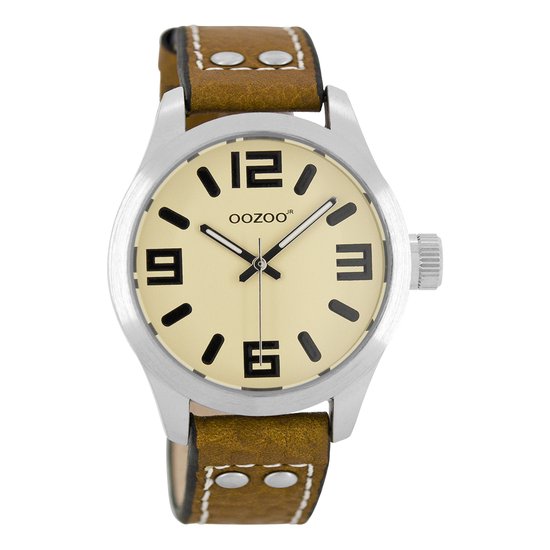 OOZOO Timepieces - Zilverkleurige horloge met cognac leren band - JR152