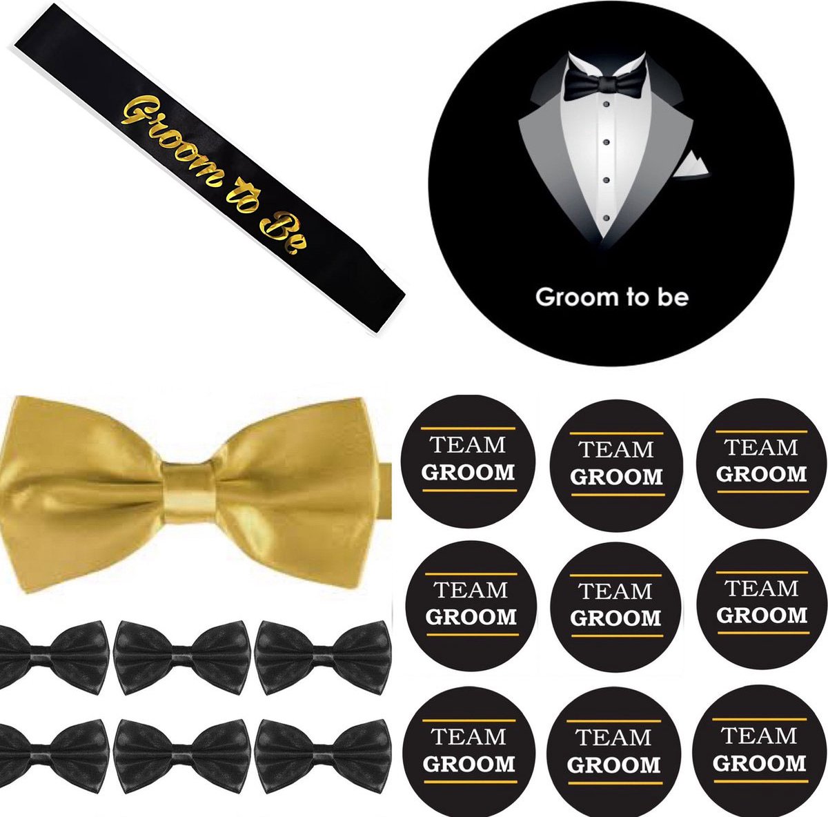 21-delige Vrijgezellenfeest luxe set Groom to Be met sjerp, buttons en vlinderdassen goud, zwart en wit - groom to be - vrijgezellenfeest - team groom - bruidegom - sjerp - vlinderdas - dasstrik - button