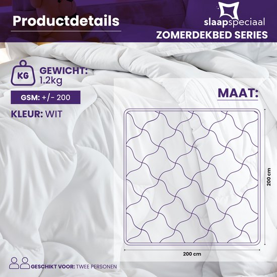 Wit tweepersoons zomerdekbed, 200x200 cm, 1.2 kg, met ruitvormige stiksels.