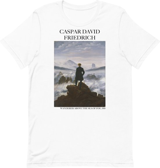 Caspar David Friedrich 'De Wandelaar boven de Nevelzee' ("Wanderer Above the Sea of Fog") Beroemd Schilderij T-Shirt | Unisex Klassiek Kunst T-shirt | Wit | S