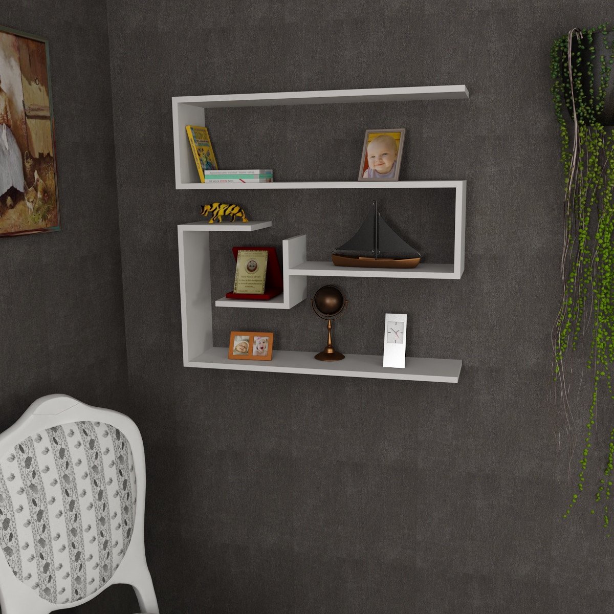 Houten Kunst Wandplank | 100% Melamine Gecoat | 90x87x22 Cm | Wit - Emob - Wandrek - Wit - Melamine