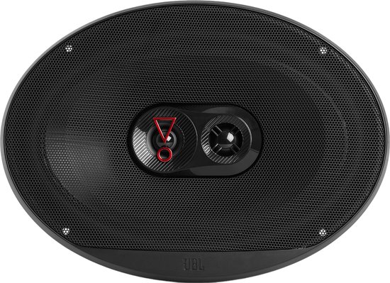 Zwarte JBL Stage3 9637 3-weg coaxiale autospeaker met grille en rode accenten.