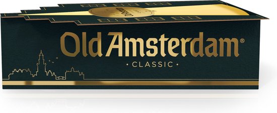 Lange, donkerblauwe kaasdoos met gouden lijnen, het Old Amsterdam logo en een stadspanorama.