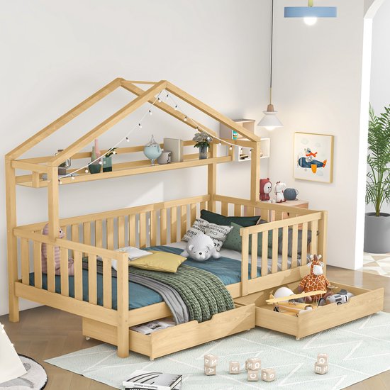 Sweiko Kinderbed in houten kleur, Kinderbed huis bed met laden, Massief hout met lattenbod, Pine houten huis bed ,Kinderen en jeugdkamer, 90x200cm, Natuurlijk