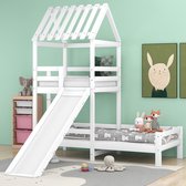 Sweiko Kinderbed met glijbaan, met rechthoekige ladder, Huisbed met dak, Speeltorenbed met valbeveiliging en rooster, frame van massief dennenhout, Wit (90x200cm tot 90x100cm)