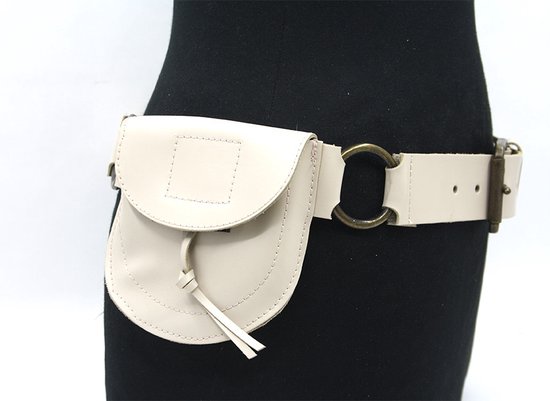 A-Zone Beige dames heupriem met tasje - dames riem - 4 cm breed - Beige - Echt Leer - Taille: 95cm - Totale lengte riem: 110cm