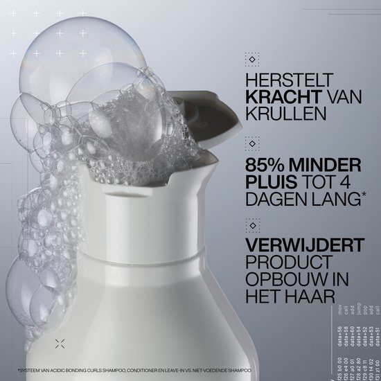 Bouteille blanche de shampoing Redken avec beaucoup de mousse et de bulles. Texte "Restaure la force des boucles" et "85% moins de frisottis".
