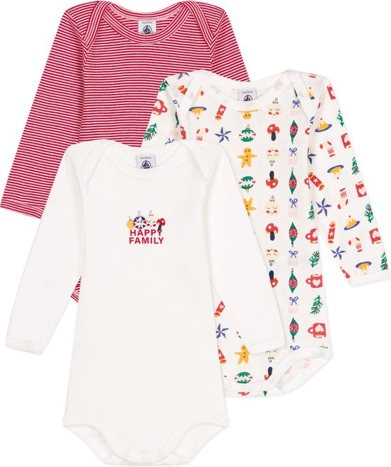 Petit Bateau Lot de 3 Bodys Bébé en Coton Manches Longues Thème Noël Barboteuse Unisexe - Taille 62