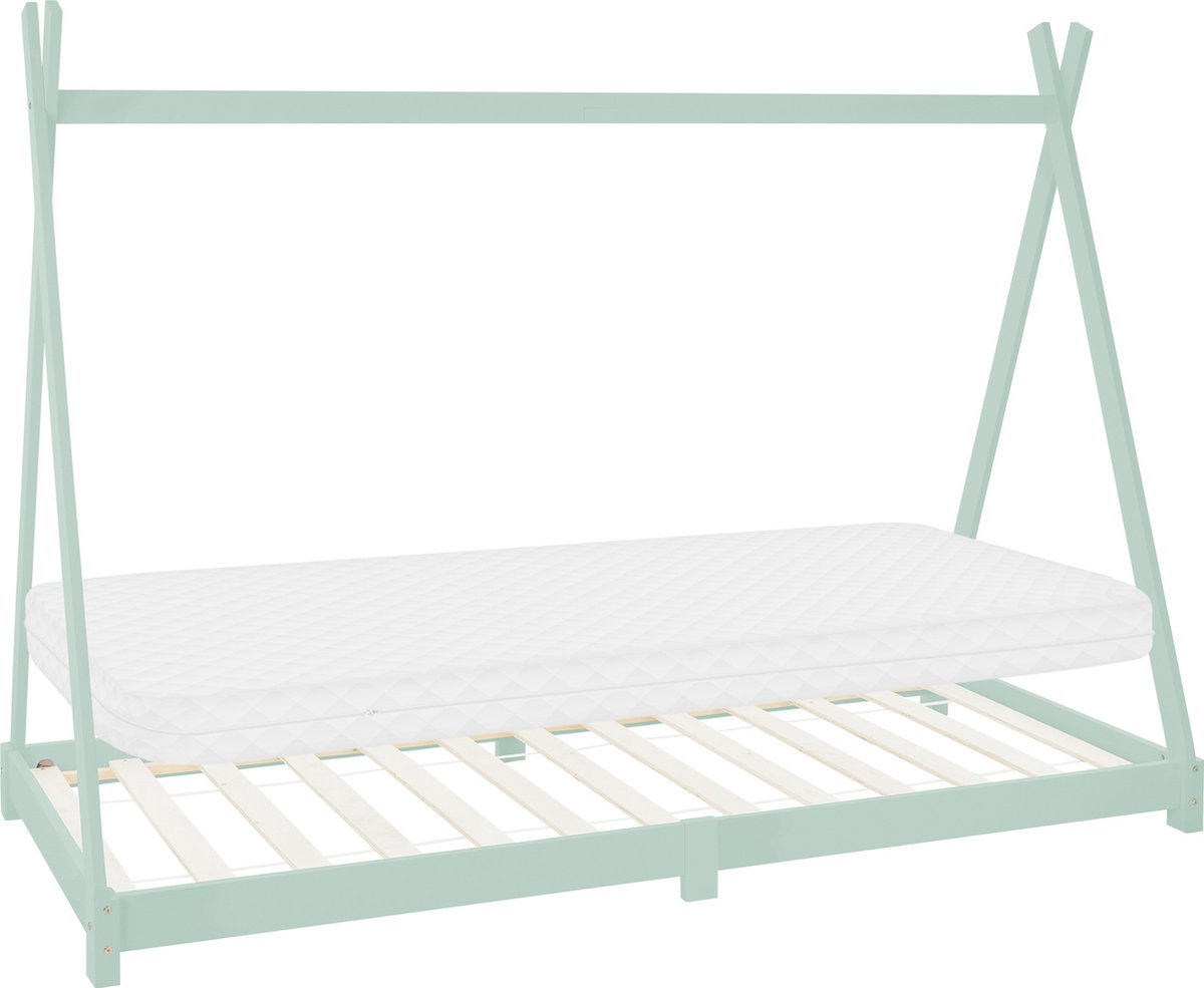 ml-design tipi serie kinderbed 90x200 cm mint met koudschuimmatras lattenbodem en valbeveiliging massief grenenhout huisbed met hek junior bed in tentvorm speelbed voor meisjes en jongens houten kinderhuis vloerbed met stevig bedframe Groen