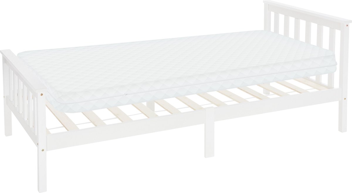 ml-design Houten Bed 90x200 cm wit met matras, grenen hout, massief houten bedframe met lattenbodem en voeten, eenpersoonsbed met hoofd- en voeteneinde, bed voor kinderen en volwassenen, kinderbed