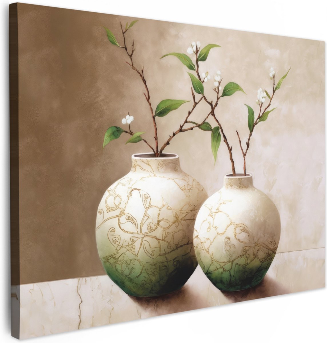 Canvas schilderij 80x60 cm - Wanddecoratie badkamer Bloemen - Vaas - Wit - Botanisch - Bei