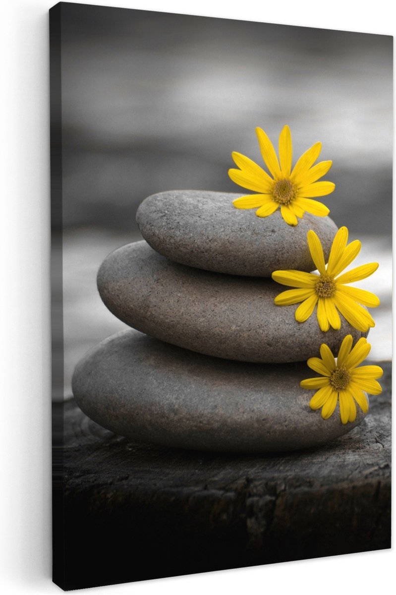 Canvas schilderij 20x30 cm - Wanddecoratie badkamer Zen stenen - Bloemen - Geel - Natuur -
