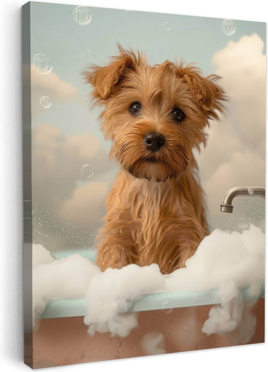 Canvas schilderij 30x40 cm - Wanddecoratie badkamer Hond - Bad - Dieren - Schuim - Muurdec