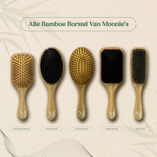 Vijf verschillende Moonie's bamboe haarborstels: mini peddelborstel, ronde borstel, peddelborstel, stijl borstel.