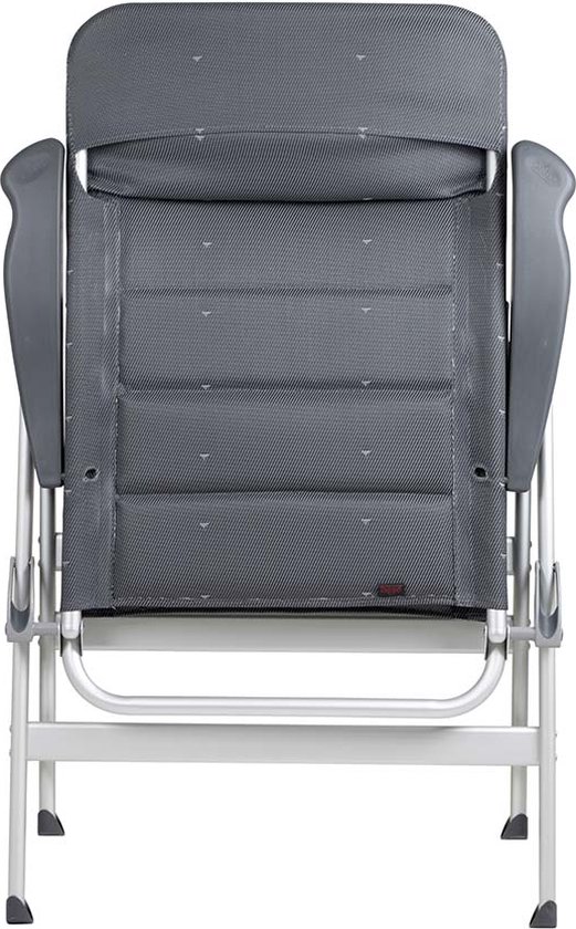 Chaise longue rembourrée gris foncé, vue de face, avec cadre en aluminium.