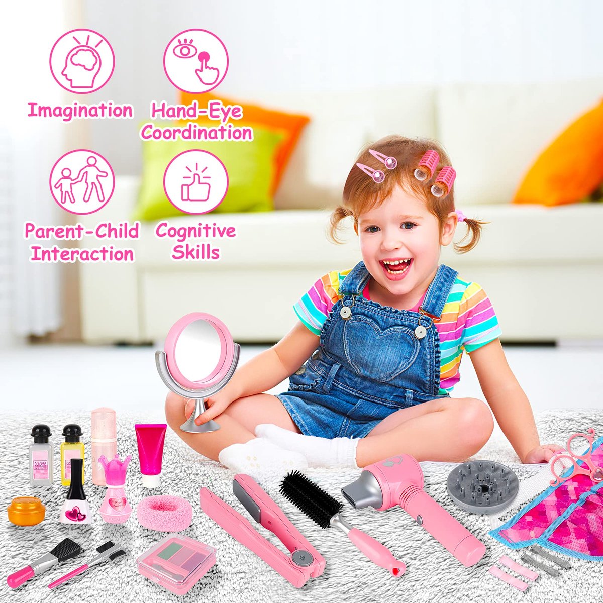 deAO Schoonheidssalon-set voor meisjes, 35-delig, modieus simulatiespel met haardroger, spiegel, krultang en andere accessoires, gesimuleerde make-upset voor kinderen