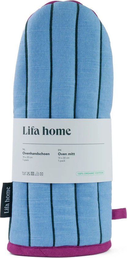Lichtblauwe ovenwant met verticale groene strepen, paarse boord. Verpakking met 'Lifa home' en productinfo.