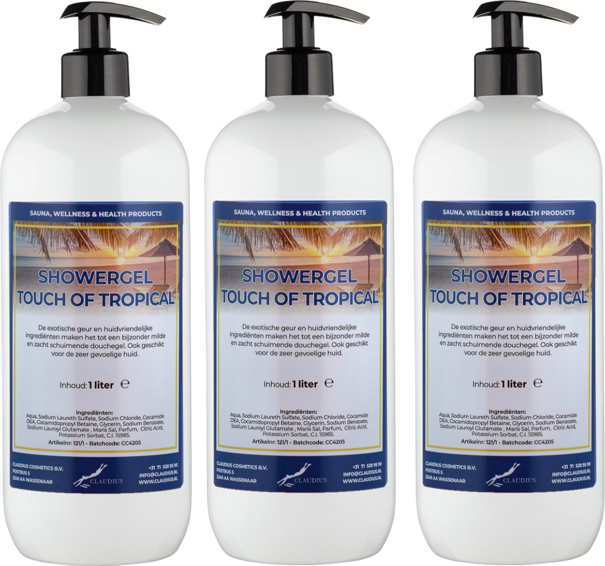 Goedkoopste Douchegel Touch of Tropical 1 liter - set van 3 stuks - met 3 gratis pomp - Showergel