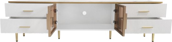 Meuble TV aspect marbre, meuble TV avec 4 pieds, 4 tiroirs structurés avec poignées dorées et deux portes en verre trempé marron, meuble TV moderne pour salon, 170*37*47,5 cm
