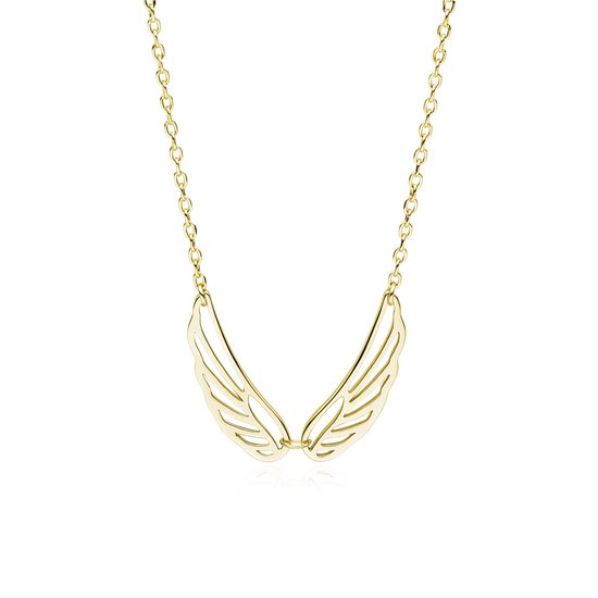 Gouden ketting met twee vleugelvormige hangers naast elkaar.