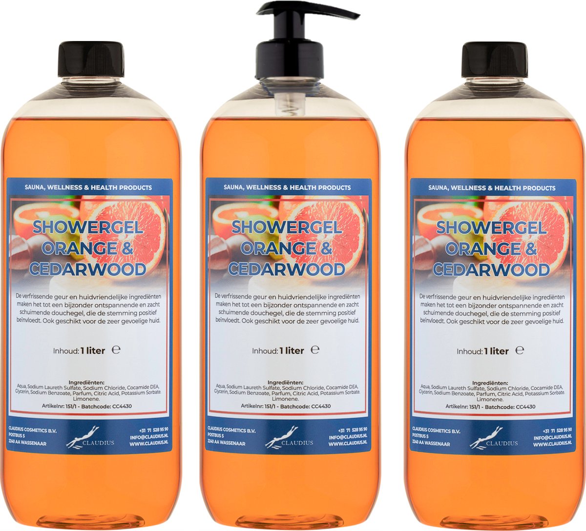 Goedkoopste Douchegel Sweet Orange & Cedarwood 1 liter - set van 3 stuks - met gratis pomp - showergel