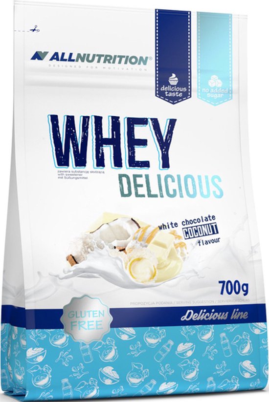 AllNutrition - Delicious - Gluten vrij Whey protein - White chocolate coconut - 700gr 23 servings - Proteïne shake - Eiwitten - Supplement - Mix van (blended) concentraat / isolaat - Nutriworld — afbeelding 2