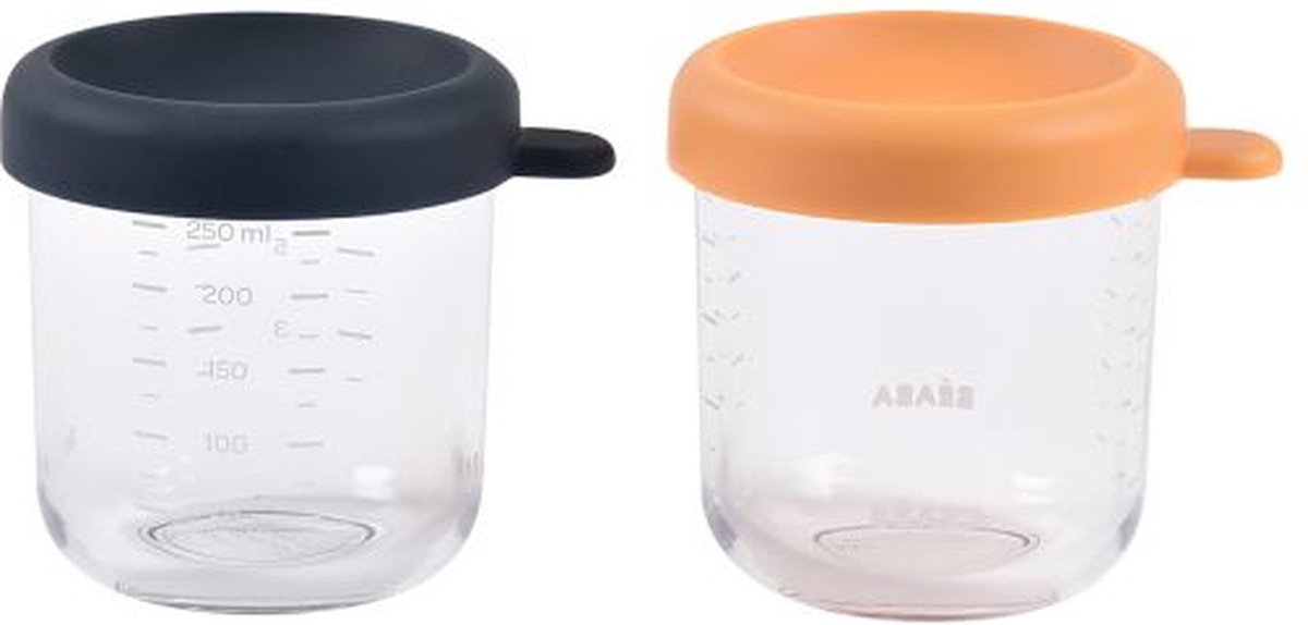 Béaba Set van 2 Glazen Bewaarpotjes - 2x250 ml - Kan in Vaatwasser, Vriezer & Magnetron - Hermetisch & Stapelbaar - Blauw/Oranje