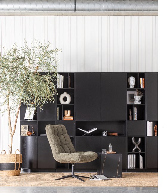 Zwarte boekenkast met diverse open en gesloten vakken, een groene fauteuil en een grote groene plant.