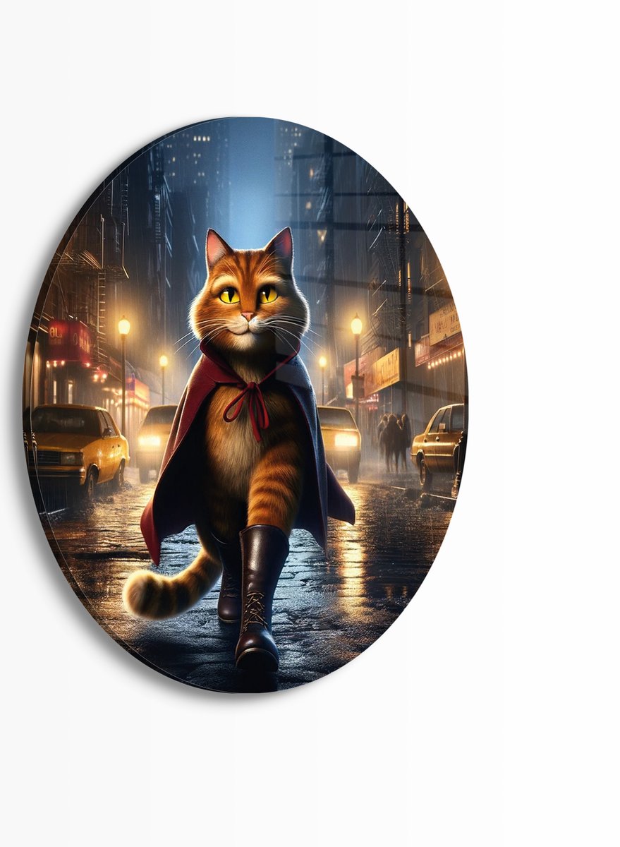 Myfinto Indoorart - Muurcirkel Gelaarsde Kat Plexiglas 40 cm - Wanddecoratie - Afbeelding op Plexiglas - Inclusief ophangplaat blauw, bruin, geel, oranje, zwart, rood