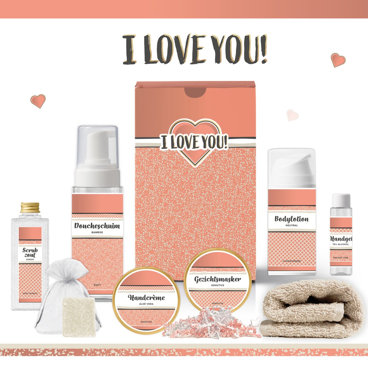 Goedkoopste Geschenkset “I love you!” - 8 producten - 650 gram | Giftset voor haar - Luxe wellness cadeaubox - Cadeau vrouw - Set Valentijnsdag - Geschenk - Cadeaupakket moeder - Vriendin - Zus - Zalmroze