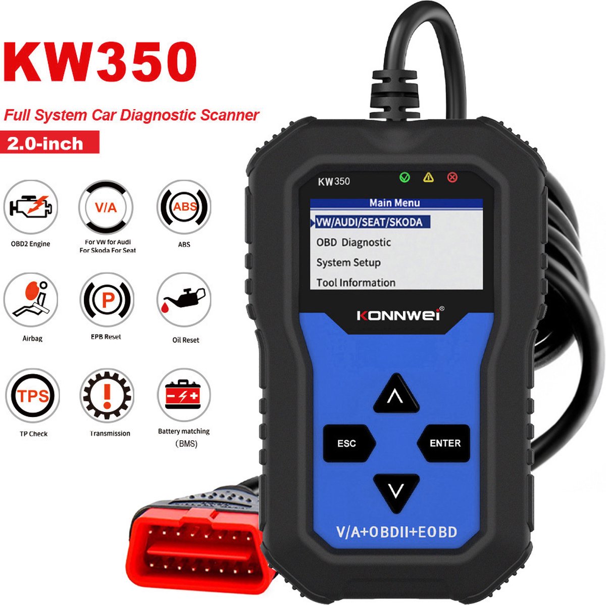 Konnwei KW350 OBD2 Scanner - Auto uitleesapparatuur - Storing verwijderen - Service reset - ABS - SRS - Voor Audi, Volkswagen en Seat thumbnail 4