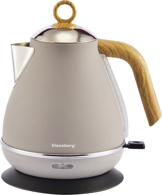 Bouilloire beige avec poignée et bouton de couvercle en bois, avec le logo 'Klausberg' sur le devant.