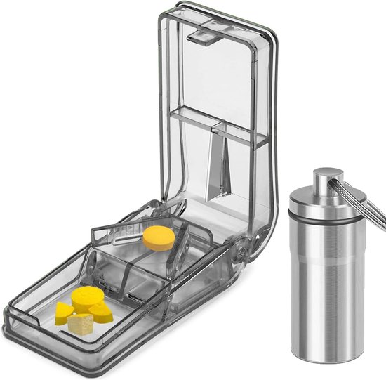 ComfiCare® Pillensnijder - bewaardoosje voor pillen medicijnsnijder - splitter - pill cutter - incl. opberg sleutelhanger - Zwart