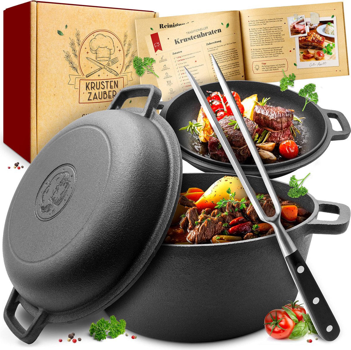 Cocotte En Fonte 26 Cm Avec Fourchette à Viande - Noir, Anti-adhésive, Compatible Four Et Lave-vaisselle