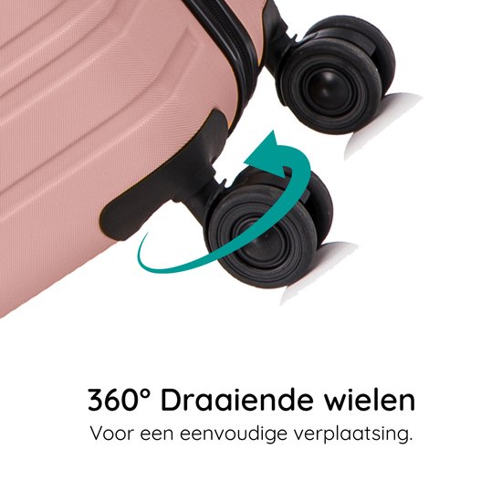 Roze koffer met 360 graden draaiende wielen.