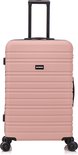 Roze ruimbagage koffer met vier spinnerwielen en handvat.