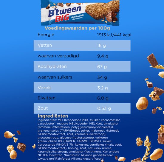 Voedingswaardentabel per 100g met B'tween BIG melkchocolade reep.