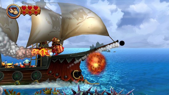 Donkey Kong tire un projectile depuis un bateau pirate sur la mer.