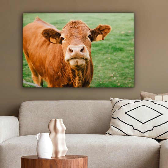 Tableau sur toile Vache - Marron - Herbe - 90x60 cm - Décoration murale