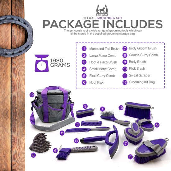 Accessoire Cheval Kit De Toilettage Pour Cheval 12 Pièces - Brosses Noires, Sac De Rangement - Neuf Trousse Cuir
