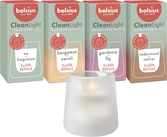 Foto: Bolsius cleanlight wit houder en navulbare geurkaarsen starterkit met 9 on gegeurde refills