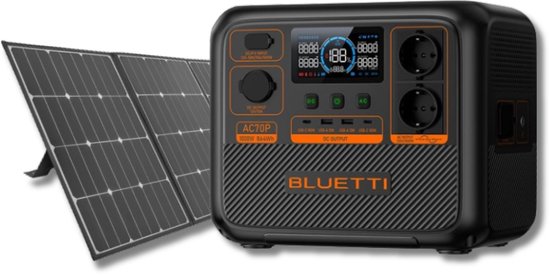 Bluetti AC70P 864Wh LiFePO4 Power Station + Voltero S200 200W Zonnepaneel – Snelle Oplaadbare Powerbank