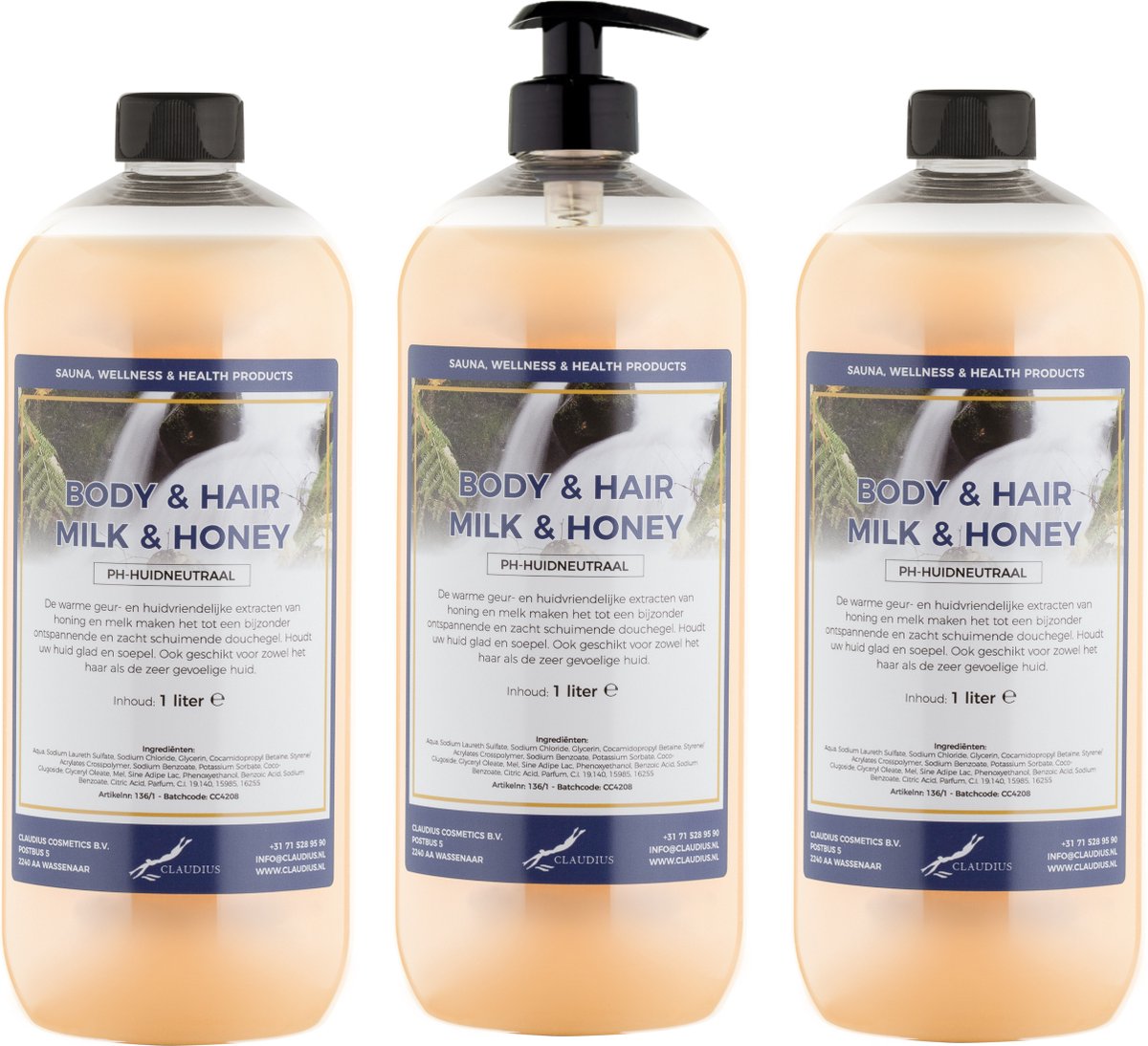 Goedkoopste Body & Hair Milk & Honey 1 liter - set van 3 stuks - met gratis pomp - 2 in 1 voor lichaam en haar.