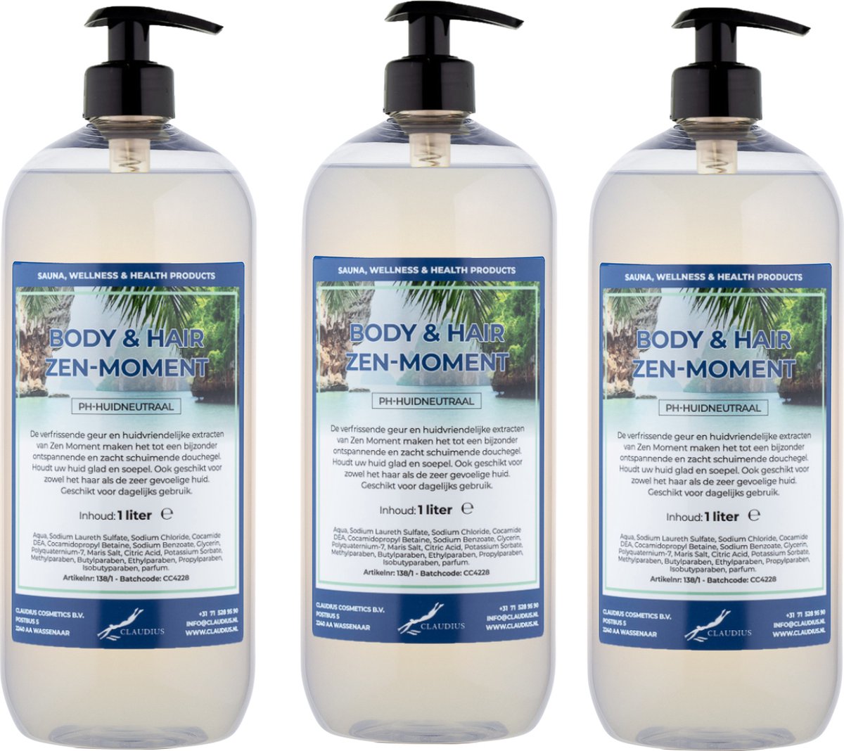 Goedkoopste Body & Hair Zen Moment 1 liter - set van 3 stuks - met gratis pomp - 2 in 1 voor lichaam en haar.