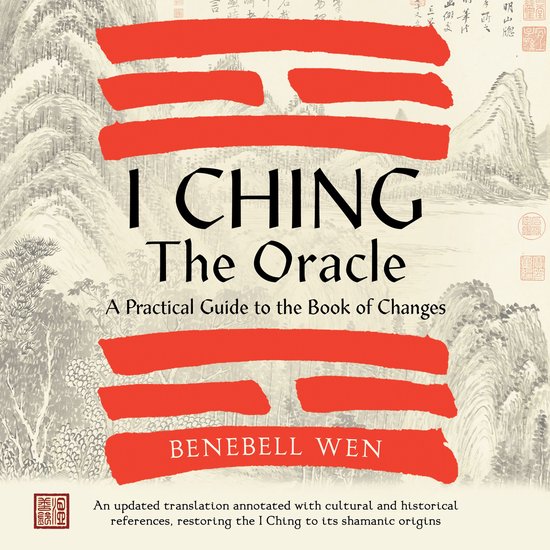 Boek 'I Ching The Oracle' met rode strepen en Chinese kalligrafie op de omslag.